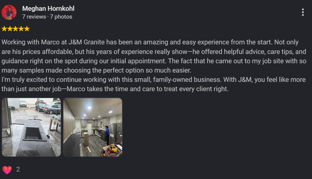 Google review screenshot shared by a local J&M Granite client